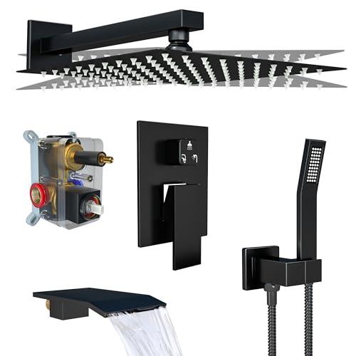 Rain Shower System High Pressure Shower Head 12 inch with Tub Spout,Wall Mounted Waterfall Bathroom Shower Faucet Sets Complete with Handheld Spray,Shower Valve and Trim kit,Matt Black
