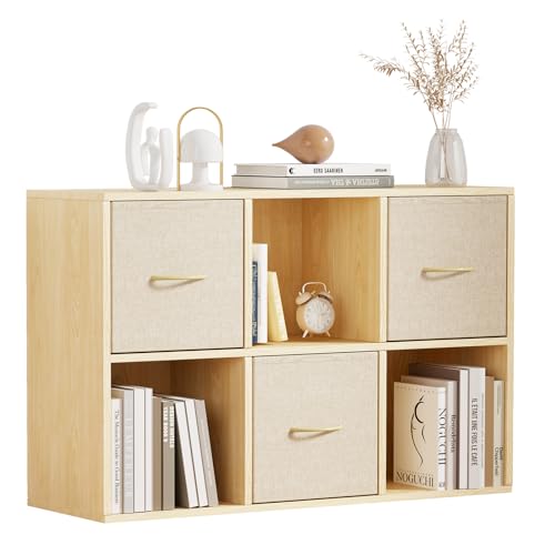 EXPERLAM 6 Cube Storage Organizer - Solid Wood Bookshelf with 3 Storage Bins, Cube Shelf with 2 Removable Back Panels, Vertical or Horizontal Bookcase, Open Book Shelf for Bedroom, Living Room, Office