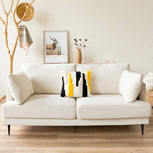 Woven Tufted Boho Throw Pillow Cover, Modern Decorative Geometric Irregular Black Ivory Yellow Striped Lines Cushion, Farmhouse Tribal Pillowcases For Couch Sofa Bedroom Living Room, 18 X 18 Inches #TOP4