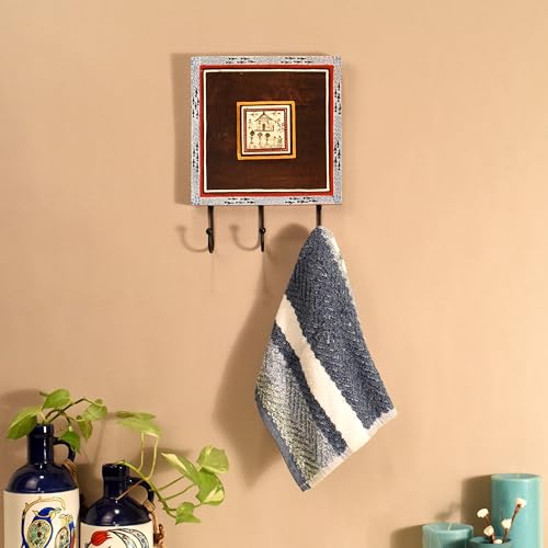 Image of AAKRITI ART CREATIONS Warli Art Wooden Towel Holder | Nira Bath Towel Hanger with Three Hooks | Handcrafted Bathroom Towel Hanger with Metal Art | Matte Finish Brown Wall Mounted Towel Holder