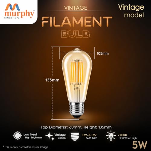 Image of Murphy 5W Vintage LED Edison Filament Bulb E27 Base | 2700K Warm Warm White | ST64 Antique Decorative Hanging Lamp | Energy Saving | 40W Equivalent | 6 Month Warranty | Pack of 1