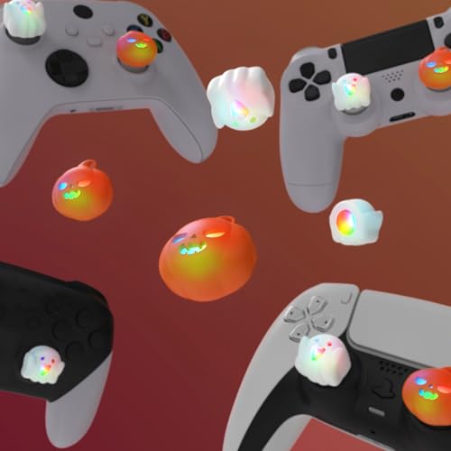 Image of PlayVital Halloween Illuminated LED Thumb Grips for PS5, Edge, PS4 Controller, Hallows Joystick Caps for Xbox Series X /S, Xbox One, Elite Series 2, Switch Pro Controllers - Spooky Ghost with Pumpkin