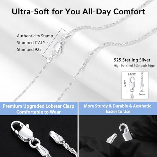 Jewlpire Italian 1.5mm 2mm Rope Chain Real 925 Sterling Silver Chain Necklace for Women, Smooth Sturdy Hypoallergenic Women's Chains Necklace, 16 18 20 22 24 26 Inch3