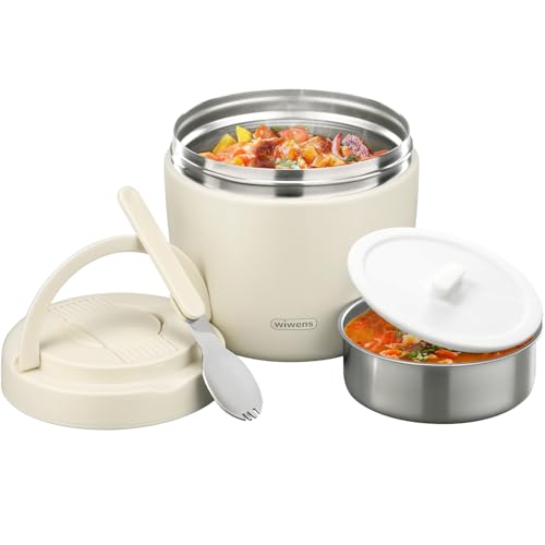 Image of wiwens Thermo Food Jar for Hot Food Adults 32OZ Soup Thermo Lunch Containers Wide Mouth Vacuum Insulated Stainless Steel Leakproof Bento Box with Spoon (Beige)