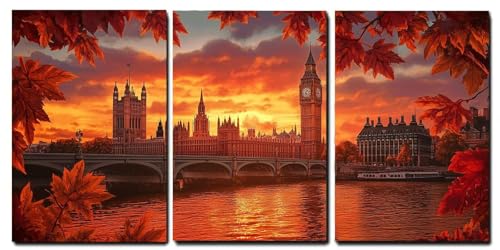 Décoration Murale Londres pour Salon et Bureau | Lot de 3 Toiles Oujkeef Automne Prêt à Accrocher