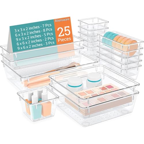 Image of Aliensware 25Pcs Transparent Drawer Organizer, Versatile Bathroom and Vanity Organiser, Storage Bins for Makeup Cosmetics,Jewellery,Kitchen,Bathroom,Bedroom,Office,Gadgets