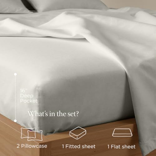Image of Threadmill 300TC Cotton Queen Sheet Set, Sateen, Solid, Light Grey, 4-Piece | 100% Cotton, Sateen Weave, 4-Piece Set, 16 inch Deep Pocket, Cooling, Breathable, OEKO-TEX Certified, Machine Washable