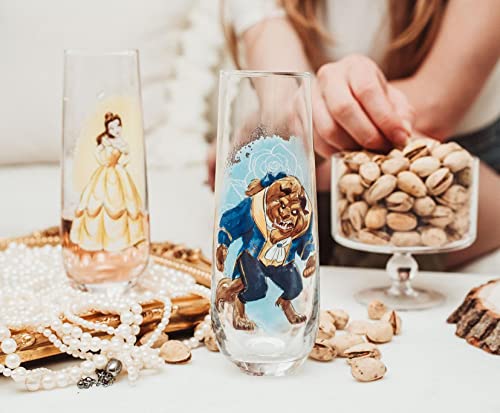 Disney Beauty And The Beast 9-Ounce Stemless Fluted Glassware, Set Of 2 | Toasting Champagne Glass Cups For Wine, Mimosas, Cocktails | Home Bar & Kitchen Essentials, Cute Housewarming Couples Gifts #TOP2