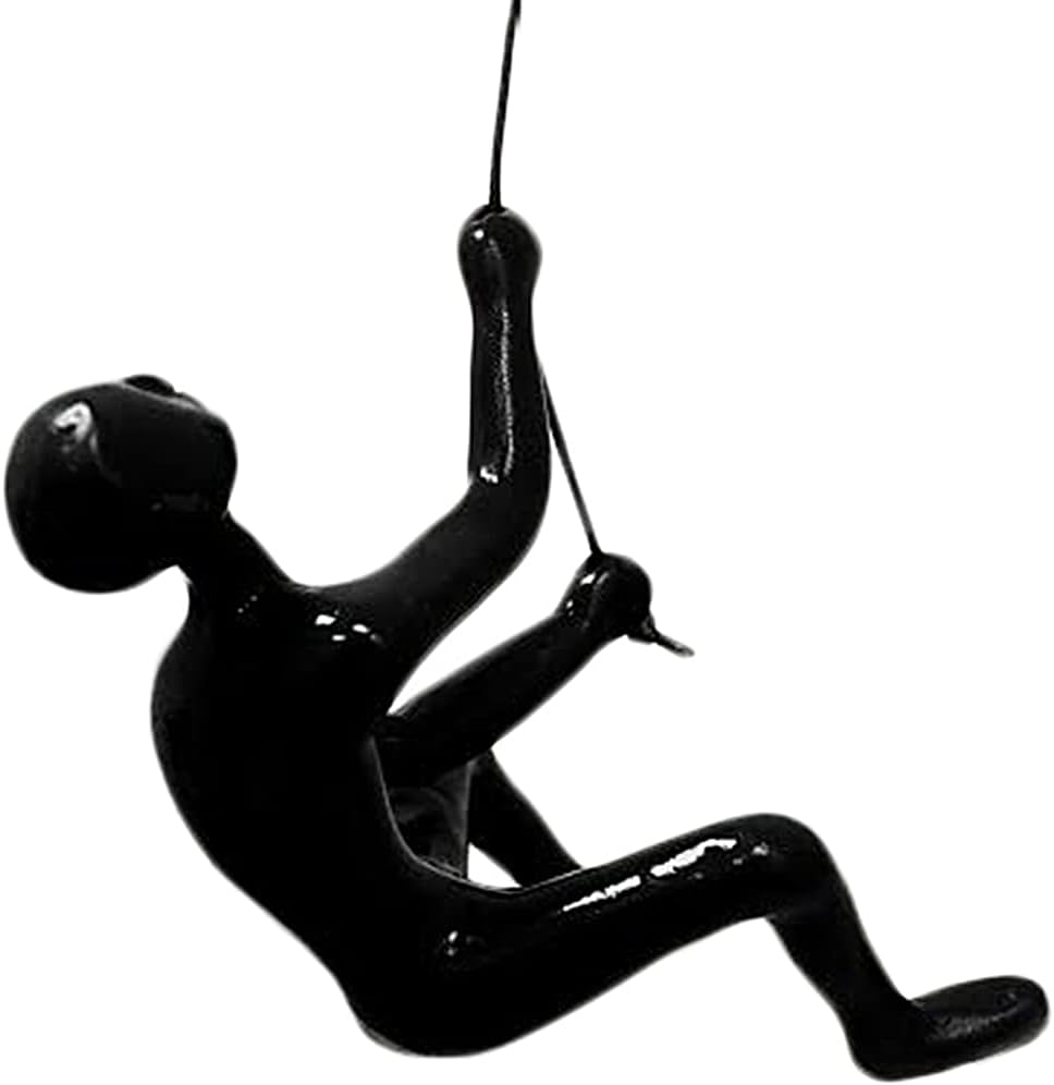 Climbing Man Wall Art for Home Decor with 30” Leather Rope | Polyresin Statues and Sculptures with Hanging Hardware Included for Modern Wall Decor and Motivational Art, Black, 1 Piece