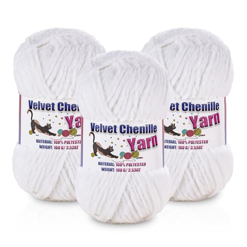Image of 3 * 100g /3.5oz Fluffy Chenille Yarn for Crocheting, Chunky Velvet Yarn for Crochet Amigurumi, Used for Making Baby Yarns Blanket, Clothes, Pattern Knitting Creations (White)