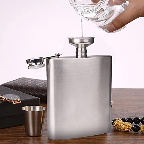 Gaocunh Flasque Alcool 7 oz /198 ML Flasque Hip Flask en Acier Inoxydable Argent, avec 2 pcs Tasses et 1pcs Entonnoir en Acier Inoxydable pour Voyage, Pêche , pour Stocker du Whisky ou de l'alcool Cover