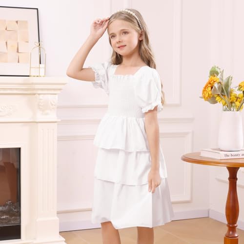 Girls Summer Dress Elegant Tie Back Short Sleeve Dress for Kids Teens,Breathable Daily Wear4