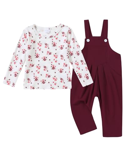ZOEREA Toddler Girl Clothes 1-5T Baby Girl Outfits Fall Winter Stripe Floral Long Sleeve Top+Bib Overall Pants 2Pcs Clothing(L Red-print,2-3T)