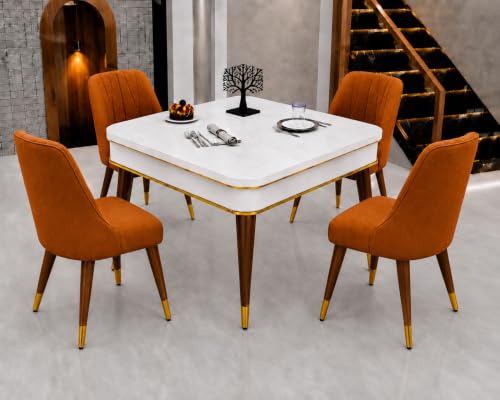 Image of WOODEN SPACE 4 Seater Wooden Dining Table Set | Urban Marble Top Dining Table with Chairs for Dining Room & Kitchen (Modern Frontline Mustard) (42 x 42 x 30 inch)