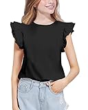 Girls Black Shirt Summer Casual Ruffle Sleeve T-Shirt Blouse Crop Top Size 7 8