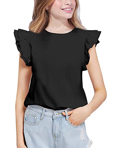 Girls Black Shirt Summer Casual Ruffle Sleeve T-Shirt Blouse Crop Top Size 7 8 #TOP8