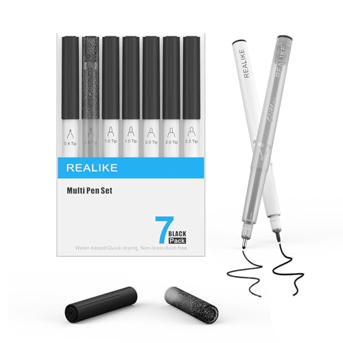 REALIKE Schwarze Stifte für Cricut Maker 3/Maker/Explore 3/Air 2/Air Kalligraphie Glitter Gel Stil 7 StiftVariety Spitzen Größe 0.4 Fine Point Tip 1.0/2.0/2.5 für Zeichnung