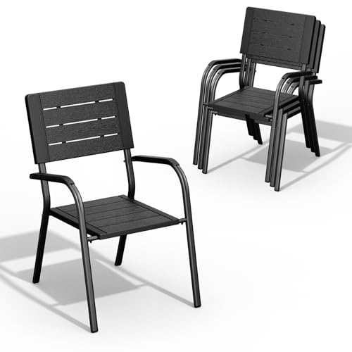 Image of VINGLI Outdoor Patio Dining Chairs, Stackable HDPE All-Weather Arm Chairs, Weatherproof Outdoor Seating for Garden, Backyard, Poolside, Balcony,Black (4 Pack)