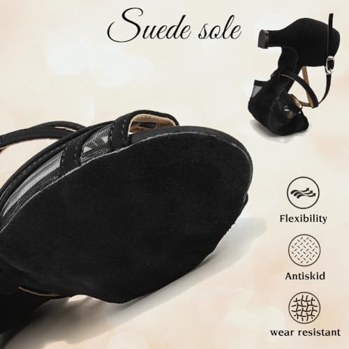 Women's Latin Ballroom Dance Shoes Mesh Open Toe Salsa Shoes 2 Inch Heel, Black4