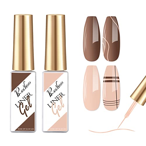 Rechoo 2pcs Liner Gel Nail Art, 8ml Brun & Nude French Manucure Semi Permanent Liner, Tons Chauds Gel Couleur Ongle uv Vernis à Ongles Soak Off Gel pour la peinture au trait, French Nail Art