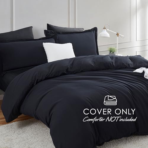 Image of Hearth & Harbor Black Duvet Cover with Fitted Sheet King Size | 4 Piece Soft Double Brushed Bedding Set, Button Closure, 1 Duvet Cover 104x90 Inches, 1 Fitted Sheet, 2 Pillow Shams
