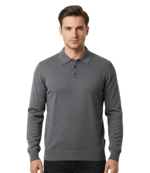 Men's Long Sleeve Polo Collar Sweater, Grey, Button Placket, Ribbed Cuffs | Size : M-picture-50