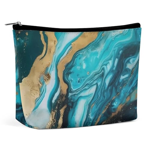 Bolsa de maquillaje, bolsa de viaje para cosméticos, bolsa de tocador portátil de mármol turquesa azul y dorado, bolsa de gran capacidad con cremallera, estuche organizador de maquillaje, bolsa de toc