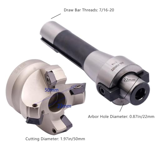 Image of 1.97 inch /50mm Cutting Dia 4-Flute KM12 50-22-4T Face Mill Shell Cutter Set | 45 Indexable Face Mill, R8 FMB22 7 /16-20UNF Shank Face End Mill Arbor with 10Pcs SEKT1204 Carbide Inserts and T20 Wrench