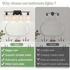 4-Light Bathroom Light Fixtures, Matte Black Modern Vanity Lights with Clear Glass Shades, Bathroom Wall Lamp for Mirror Living Room Cabinet Bedroom Porch 4 Light Bathroom Light Fixtures Matte Black Modern Vanity Lights with Clear Glass Shades Bathroom Wall Lamp for Mirror Living Room Cabinet Bedroom Porch