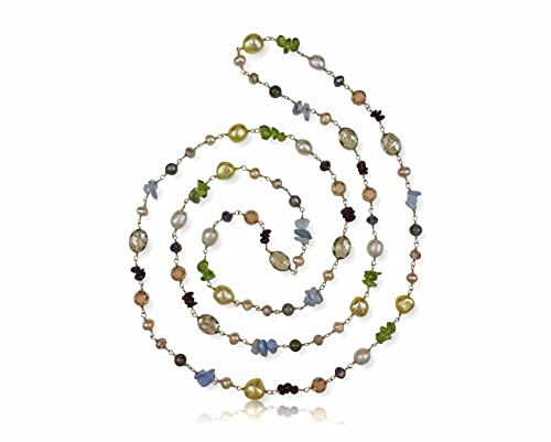 Hand Crafted Wire Wrapped Multi-Shape Multi-Color Gemstone Cultured Freshwater Pearl Wire Beaded Chain Station Necklace, About 45” Long.