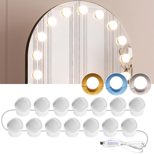 AURORIONCG Bombillas para Espejo de Tocador 14 Bombillas de Maquillaje Regulables 3000K/4000K/9000K Temperatura de Color Ajustable Palo Alimentado por USB Encendido