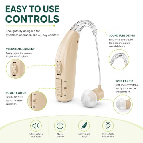 Image of Aika Rechargeable Digital Hearing Aid with Charging Case, Intelligent Noise Reduction, 42dB Sound Amplifier, Lightweight Behind-the-Ear Hearing Device for Seniors & Adults, Left /Right Ear Compatible