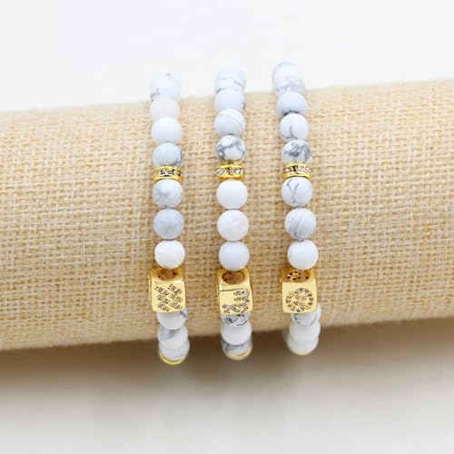 Image of Inlaid Zircon 12 Constellation Adjustable Stretch Bracelet - 6mm Frosted White Turquoise Beaded Bracelets for Women Men SJYA4647