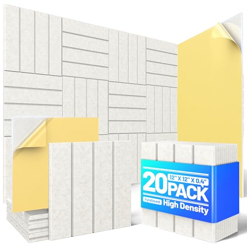 Image of 20 Pack Sound Proof Foam Panels for Walls, Acoustic Panels Self-Adhesive | 12 inch X 12 inch X 0.4 inch Slatted Soundproof Wall Panel, High Density Sound Absorbing Panel for Gaming Recording Studio Decor-Ivory