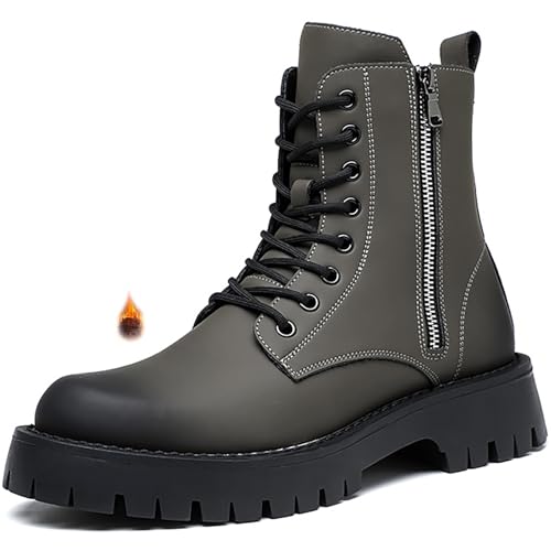 WVBVLO Men'S Leather Platform Lace-Up Combat Boots Fashion Round Toe Side Zip Chunky Lug Sole Non-Slip High Top Motorcycle Boots Comfort Waterproof Casual Biker Ankle Booties (Light green velvet,10)