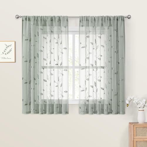 HOMEIDEAS Sage Green Sheer Kitchen Curtains 52 x 45 Inch Length 2 Panels Embroidered Leaf Pattern Short Curtains for Bedroom Half Small Window Rod Pocket Tiers