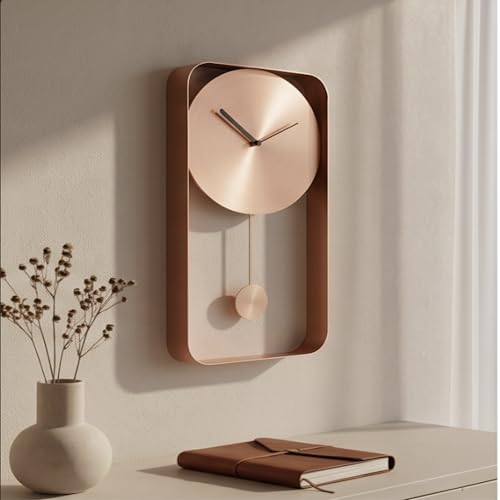 Image of The Artment your artistic apartment Rose Gold Mono Clock Modern Minimalist Wall Mounted Pendulum Clock, Brushed Metal Finish, Sculptural Luxury Decor for Living Room, Bedroom, Home & Office Interiors