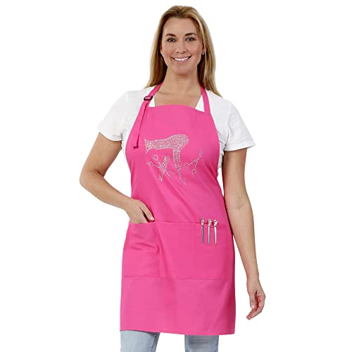 Pink Hair Stylist Apron with Rhinestone Tools for Hairdresser, Cosmetologist or Salon, 3 Pockets Adjustable Neck, Hot Pink