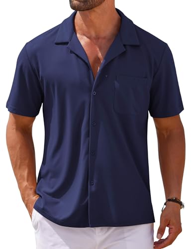 COOFANDY Men's Casual Untucked Shirt Button Down Short Sleeve Shirts Wrinkle Free Dress Wrinkle Free Business Shirt Midnight Blue