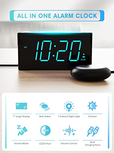 Rocam Extra Loud Alarm Clock With Bed Shaker, Vibrating Alarm Clock For Heavy Sleepers Deaf Hearing Impaired, 7" Large Display, Dual Usb Charger, 7 Color Night Light, Dimmer, Snooze & Battery Backup #TOP1