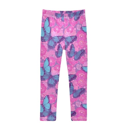 senya Girls Printed Leggings Yoga Pants Blue Butterfly Powder Flower for Kids in 4t to 10 Years, 4T