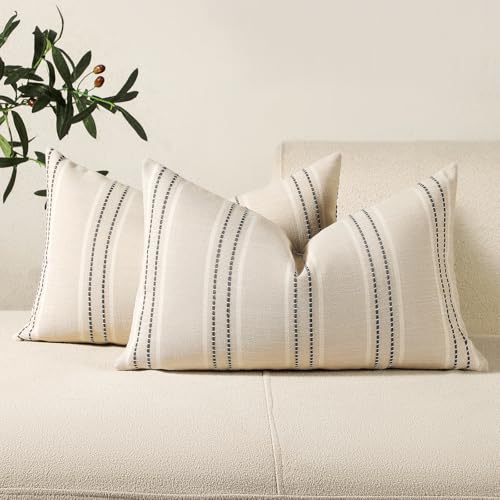 Image of Hckot Hand Made Throw Pillow Covers 12x20 Set of 2 Striped Pillow Covers Textured Linen Decorative Pillows Lumbar Cushion Covers for Sofa Couch Bed Living Room Farmhouse Decor, Grey