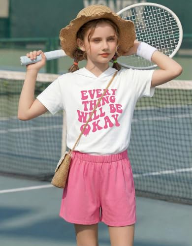 Image of Girls Summer Outfits Kids Hooded-Shirts and Elastic Waist Shorts Sets | short sleeve drop shoulder hooded shirt and shorts with two pockets tie dye leopard letter