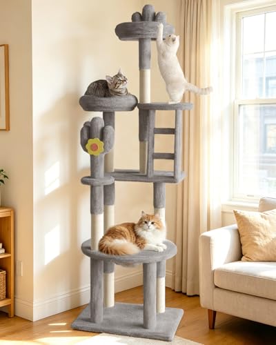 Image of 72 Inch Big Cactus Cat Tree for Indoor Cats, Cute Cat Tower with Transparent Capsule, Flower Cat Tree with Sisal Scratching Post, Multi-Level Activity Center for Kittens & Large Cats (Gray)