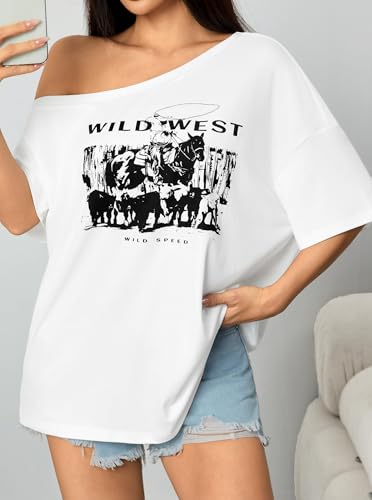 Image of Hilinker Womens Sexy Off The Shoulder Tops Short Batwing Sleeve T Shirt Oversized Casual Tee White Wild West Medium