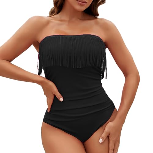 Maillots de Bain Une Pièce pour Femmes Ventre Plat sans Bretelles Bandeau Effet Cache-cœur frangé Respirant Maillots de Bain Une Pièce