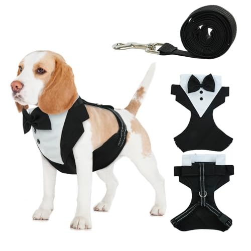BRKURLEG Dog Vest Tuxedo Harness, Adjustable Dog Harness No Pull for Small Medium Dogs, Dog Wedding Attire Harness with Bow Tie, Comfort Padded Tuxedo Pet Walking Harness
