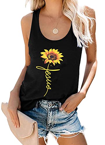 EGELEXY Sunflower Jesus Print Racerback Funny Graphic Tank Top Women Crew Neck Sleeveless Tee Shirt Vest Size S (Black)