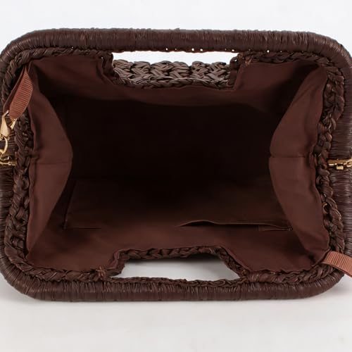 Image of Women Straw Drawstring Bucket Purse Small Tote Shoulder Handbag Hollow Out Cross-body Bag for Summer,Beach | Straw