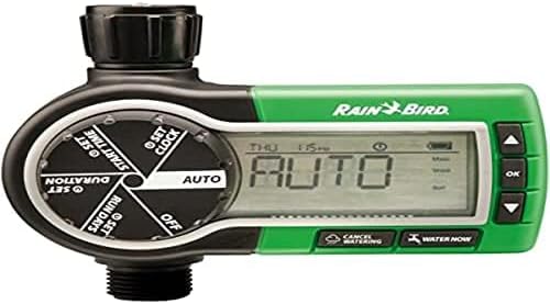 Close-up view of the Rain Bird Zeh TM Digital Tap Connector Timer's display and control dial.